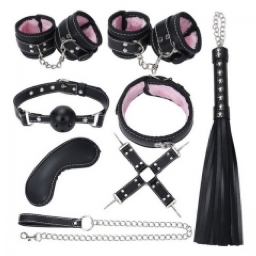 7 piece plush leather bondage kit with chain - Black