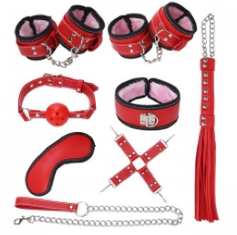 7 piece plush leather bondage kit with chain - Red